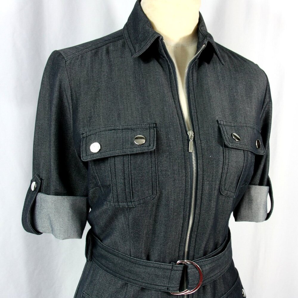 Sharagano Petite Zip Front Belted Pockets Chambray Shirtwaist Dress 4P 70s Style - Picture 2 of 11